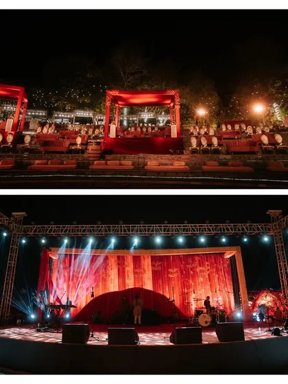 A collage of a stunning red-themed reception at Sula Vineyards. The amphitheater seating and grand stage setup created a spectacular environment for the evening's celebrations.