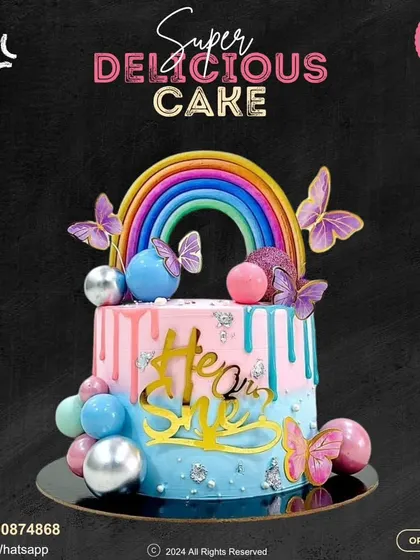 "He or She?" This vibrant gender reveal cake features pink and blue drips, a colorful rainbow, and delicate butterflies, creating a beautiful and exciting way to share your news.