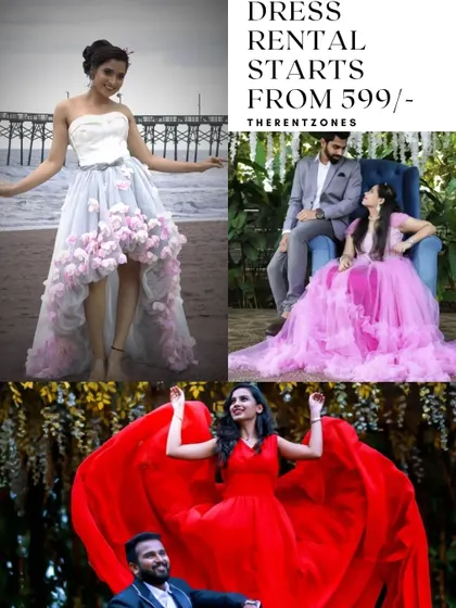 A collage showcasing some of the different styles I offer for rent, from high-low frocks to flying gowns. My rental prices start from 599, making it affordable to get your dream look.