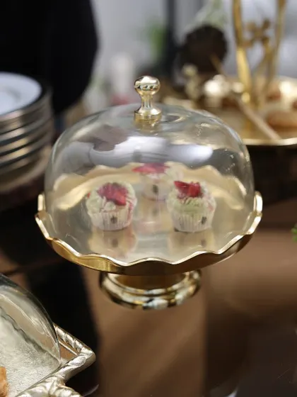 Another view of our Gold Scallop Dessert Stand, a perfect blend of vintage charm and bold elegance. Its stunning gold base makes it a showstopper for serving or gifting.