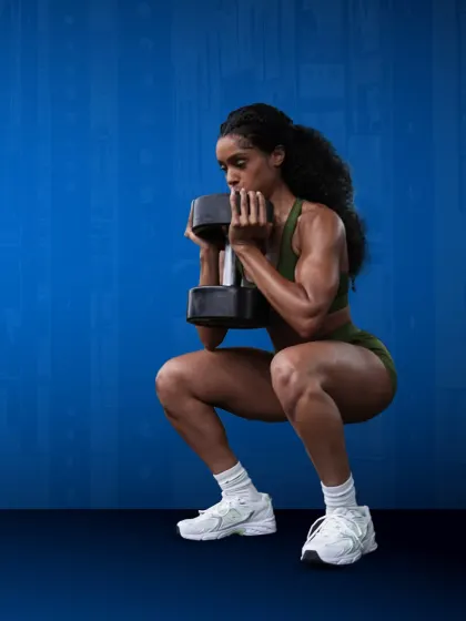 A close-up on a powerful goblet squat, an excellent exercise for developing glute and quad strength.