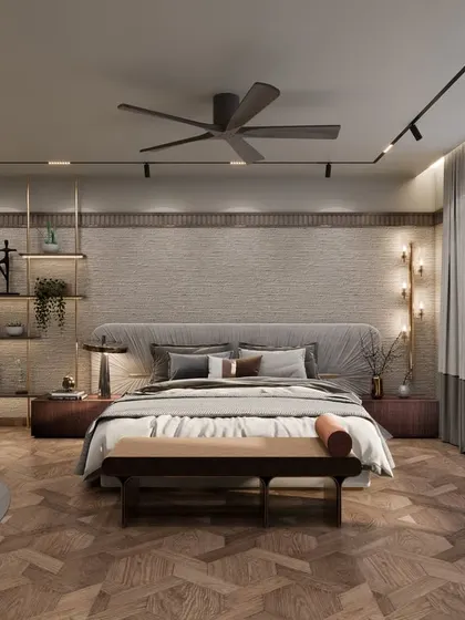 A render of a master bedroom in Punjabi Bagh that blends classical and modern styles. The design features textured walls, classical doors, and patterned wooden flooring for a minimalist yet luxurious vibe.