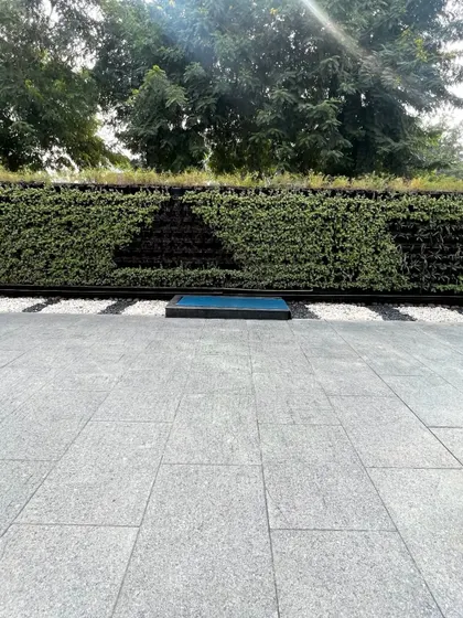 A frontal view of the patterned outdoor vertical garden, showcasing the clean lines and healthy, dense foliage. This installation is built to withstand outdoor conditions while maintaining its sophisticated aesthetic.