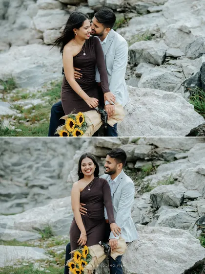 A diptych showing two connected moments of the couple interacting, one looking at each other and one smiling at the camera, capturing their dynamic relationship.