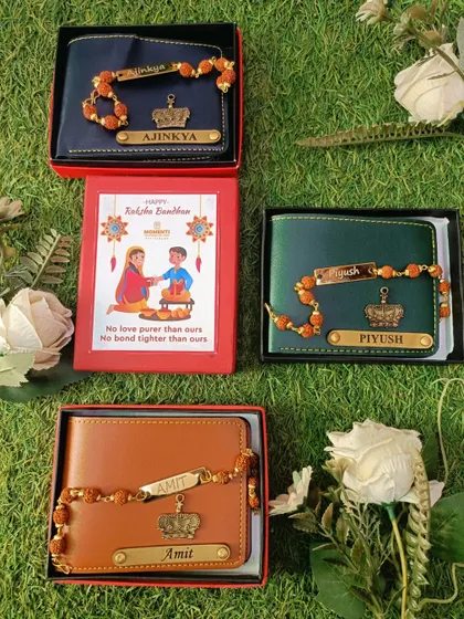 Our Rakhi combo featuring a personalized name wallet and a matching Rudraksha name rakhi. It's a very popular and thoughtful gift for brothers.