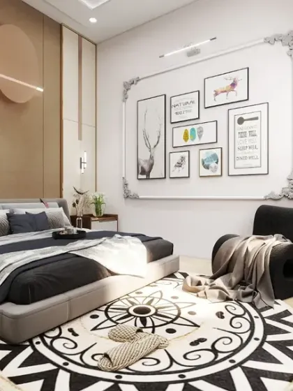 A modern bedroom concept with a striking circular art piece above the bed and a patterned rug that adds personality and style.