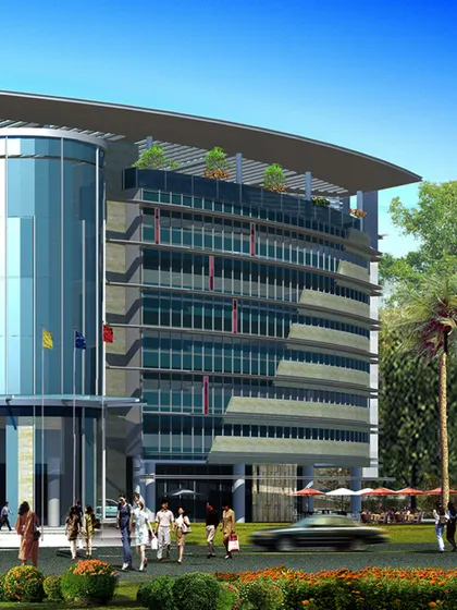 The completed Infotech Centre, a seamless blend of contemporary design and efficient space planning. This final render shows the building as an active hub, fulfilling the vision we set out to achieve nearly two decades ago.