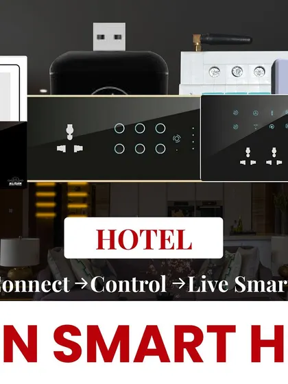 We provide smart automation solutions for the hospitality industry. This image highlights our range of products suitable for hotels, offering guests a modern and convenient experience.
