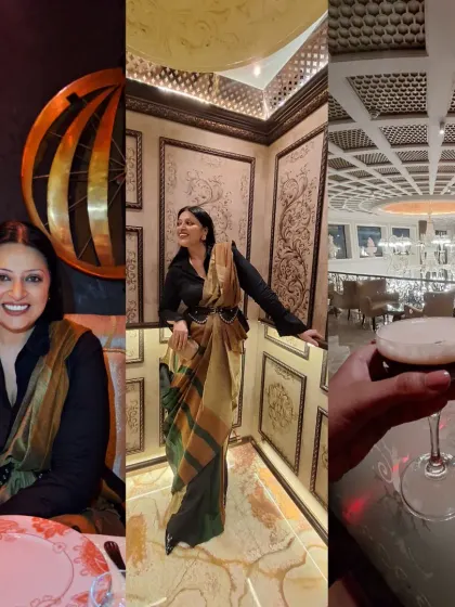 An evening at 'Made In India'. I styled a classic saree with a modern twist by draping it over a collared shirt, reflecting the restaurant's theme of blending traditional flavors with new techniques.