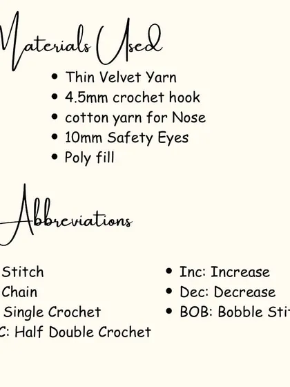 This slide lists all the materials and abbreviations you'll need for the seal project. I used thin velvet yarn and a 4.5mm hook, but you can adjust based on your preference.