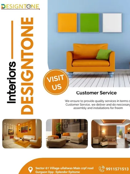 A collage of vibrant, orange-themed interiors, highlighting our customer service promise of quality, assembly, and installation.
