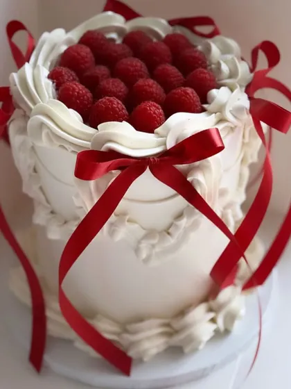 A touch of romance with this white buttercream cake, decorated with fresh raspberries and flowing red ribbons. The combination of fresh fruit and classic piping creates a beautiful and delicious dessert.