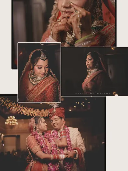 A collage capturing various intimate and candid moments from a wedding. It includes bridal portraits and sweet interactions between the couple, telling a beautiful story.