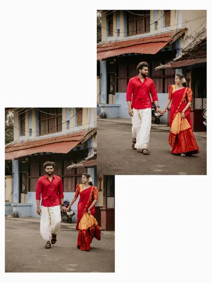 A collage of a couple walking hand-in-hand through a traditional village street.