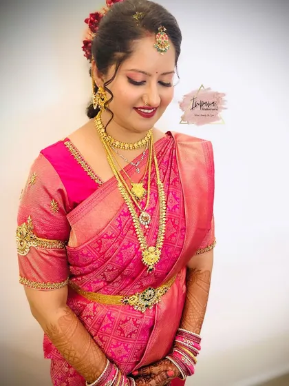 Another angle of this beautiful Muhurtham look, showing the harmony between the makeup, the jewellery, and the vibrant silk saree.