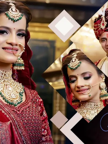 A creative album design that combines multiple portraits of the bride and couple in a modern, geometric layout.