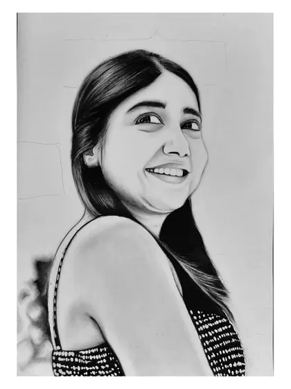 The step-by-step process of drawing Prajakta Koli. These images show how I build up the portrait from a simple outline to a fully rendered, smiling face.