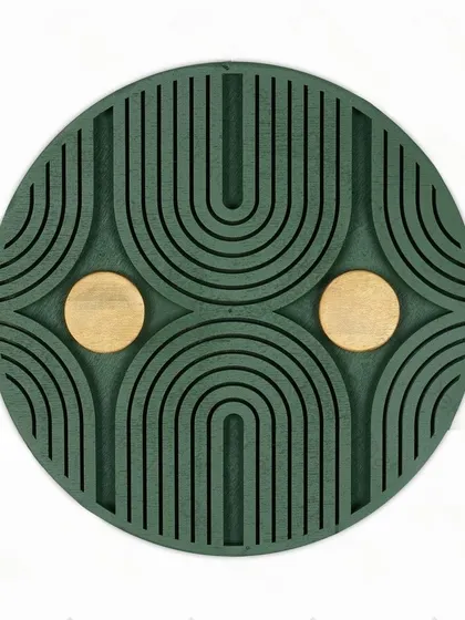 A direct product shot of the green and gold geometric piece, perfect for appreciating the symmetry and detail of the design.