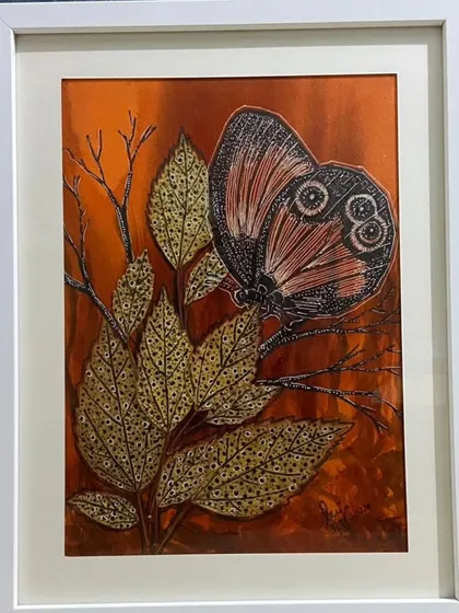 This sold artwork by Puja Kumari features a butterfly on a branch, created with her unique technique. We are thrilled when our artists' work finds new homes with appreciative collectors.