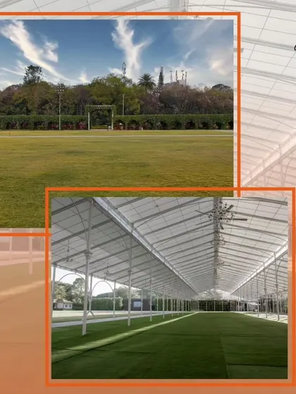 A collage of our serene lawn venues. These images showcase the expansive green spaces and versatile semi-covered structures, perfect for outdoor weddings, corporate family days, and public festivals.