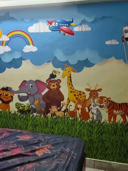 A cheerful and bright wallpaper can make a kid's room truly special. This full-wall mural features cartoon animals and a vibrant landscape, creating a fun and imaginative space for children.