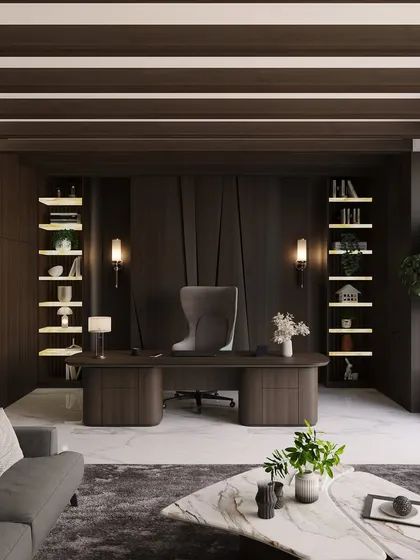 This home office combines dark wood paneling and ceiling beams with soft, ambient lighting to create a professional yet comfortable environment. The design provides ample storage and an executive presence, perfect for focused work.