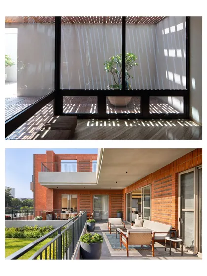 A visual example of creating calm through design, showing a space with dramatic light play and another with an open, airy deck.