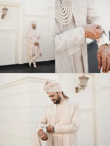 A collage of the groom's getting-ready moments, focusing on the details of his attire, from his pearl necklace to his henna-stained hands.