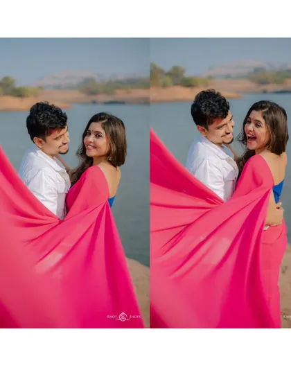 A playful collage showing the fun side of a Bollywood-inspired lakeside shoot. The flowing pink saree adds a vibrant pop of color against the natural scenery.