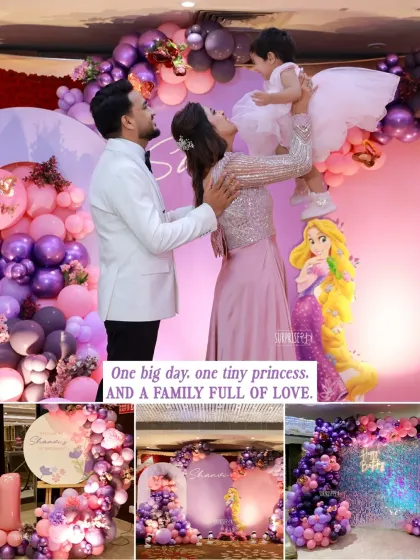 A collage capturing the heart of Shanvi's first birthday: a tiny princess surrounded by her loving family, celebrating a day filled with fairytale magic that they will cherish forever.