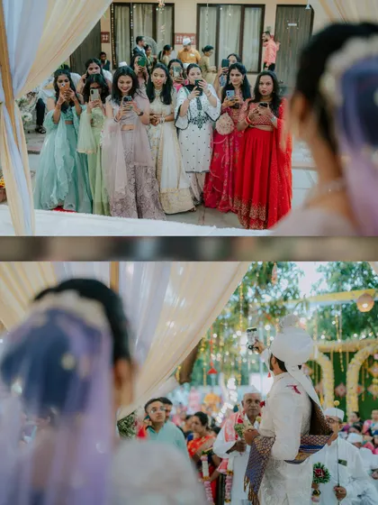 A unique perspective of the wedding ceremony, showing the guests' reactions and the groom's anticipation.