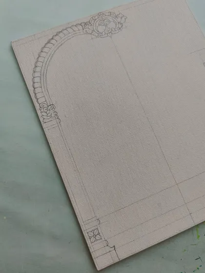 The very first pencil sketch for the Aandal Rangamannar piece. It all starts with a simple line, mapping out the composition and the placement of the traditional arch.