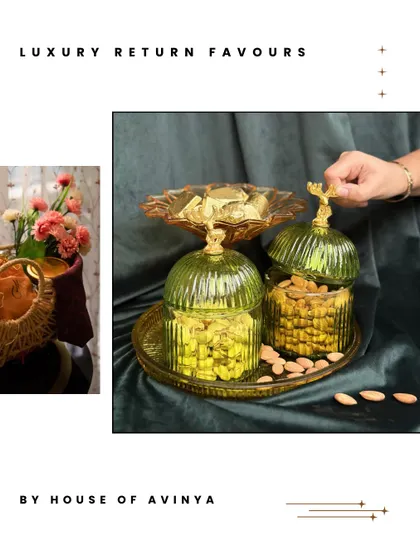 A favour should be a memory your guests take home. These luxury return favours feature ornate green glass jars on a matching tray, filled with almonds and pistachios for an elegant and useful gift.