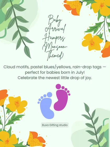 A monsoon-themed baby arrival hamper idea, using cloud motifs and pastel colors to celebrate a baby born in July.