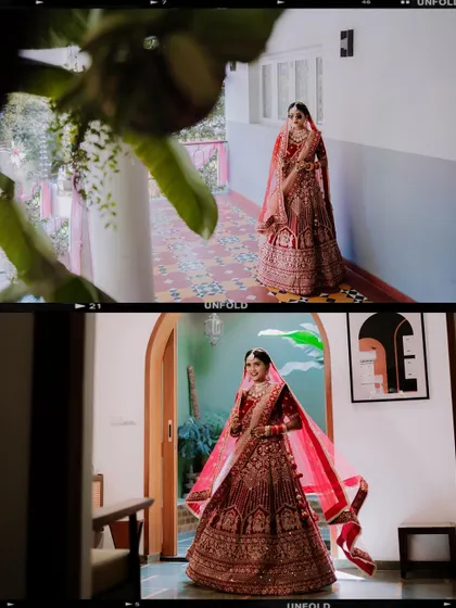 A collage of the bride in her stunning red lehenga, captured in a hallway.