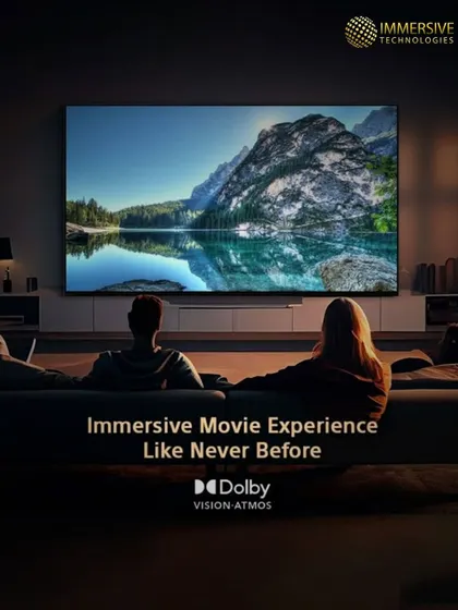 This graphic illustrates the goal of our living room systems: an immersive movie experience powered by Dolby Vision for stunning visuals and Dolby Atmos for enveloping sound, enjoyed from the comfort of your sofa.