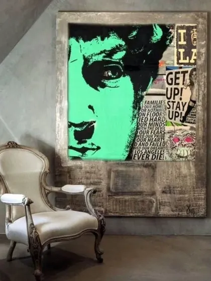 A modern pop-art piece that blends classical sculpture with contemporary graphic elements. This type of art is perfect for adding an edgy, intellectual vibe to a space.