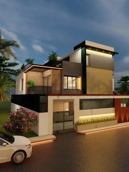 A render showing another boundary wall option with integrated planters and lighting, adding a touch of green to the modern exterior.
