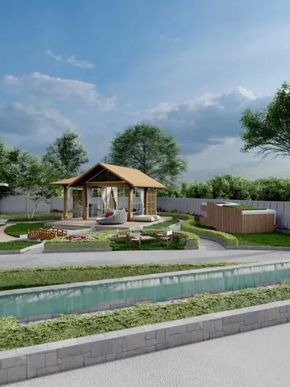 This view from the 3D model showcases the relationship between the main driveway, a water channel feature, and the secluded gazebo and hot tub area.