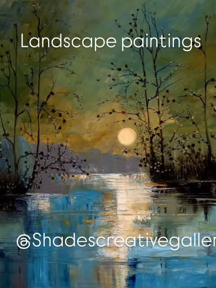 This moody landscape painting captures the serene beauty of a moonlit lake. The impressionistic style and cool color palette create a calm and contemplative atmosphere, perfect for a living room or bedroom.