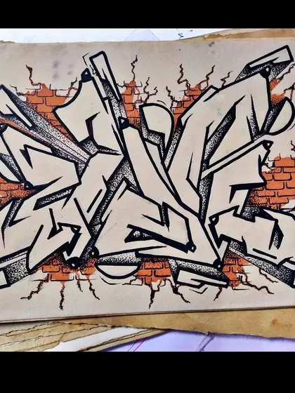 A graffiti sketch on paper, showing a wildstyle piece with a brick wall breaking through from behind. This is where many of my ideas for larger walls begin.