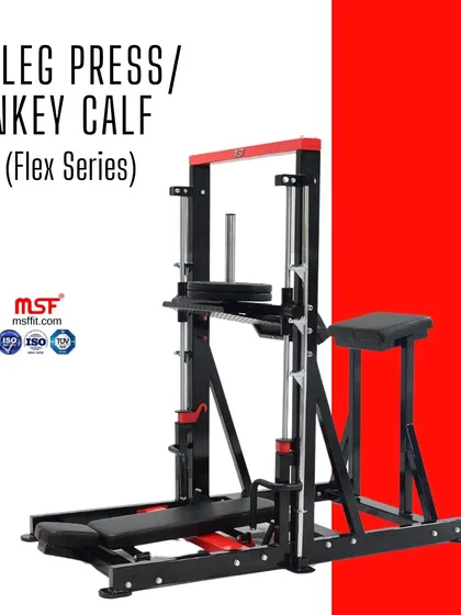 A clean product shot of the 2-in-1 90-Degree Leg Press and Donkey Calf machine, showcasing its bold red and black design.