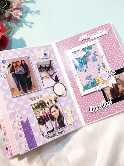Another page from the friendship scrapbook, featuring a shaker window filled with sequins. It adds a touch of sparkle and fun to the memories.