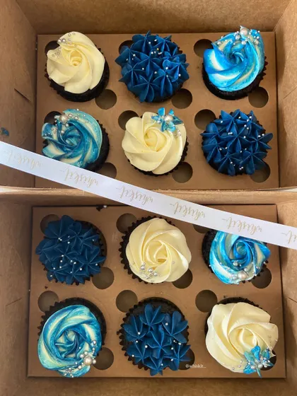 A top-down view of the two boxes of blue and white cupcakes, perfect for a larger party or event.