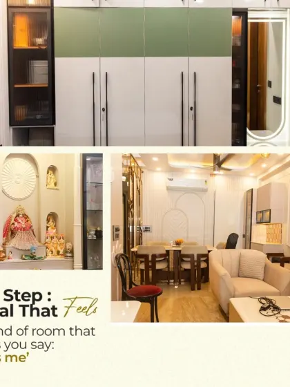 The final step is the reveal that feels just right. This collage of a client's completed pooja corner, dining area, and bedroom showcases spaces that make you say, 'This is me'.