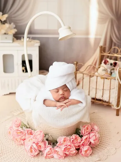 Can you believe she is just 10 days old? This little darling rocked every pose like a boss, especially in this adorable spa day setup with a tiny bathrobe and floral accents.