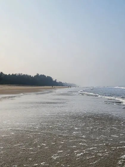 The serene beauty of the Konkan coast. Our West Coast Odyssey tour includes rides along quiet beaches like this, where you can enjoy the gentle waves and peaceful atmosphere.