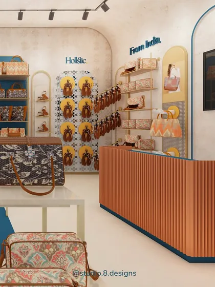 A render of our conceptual design for the vegan brand Zouk. We created a bright, welcoming space with a fluted orange counter and custom shelving that reflects the brand's modern-ethnic, cruelty-free ethos.