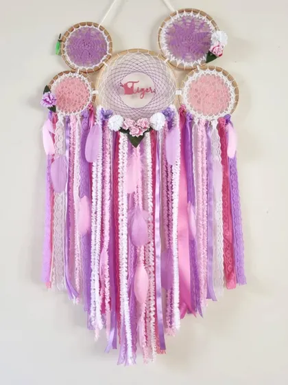 A special dreamcatcher for a special furry friend. We curated this pink and purple piece for a client's cat, 'Tiger', because pets are family too.