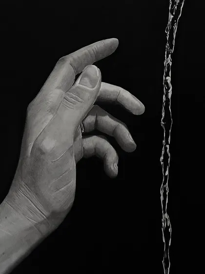 "Water." This drawing from the elements mini-series shows a hand next to a stream of falling water. Capturing the transparency and movement of water was the main goal.